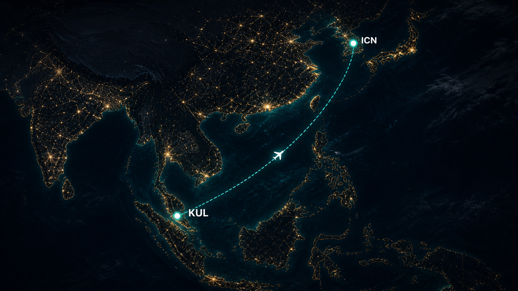 Static map from Kuala Lumpur to South Korea